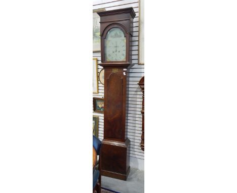 19th century oak longcase clock with eight-day striking movement, the painted broken-arch dial inscribed 'Peter Poignand, Jer