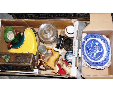 Various Ridgway Ironstone plates, assorted glassware and ceramics (2 boxes) 