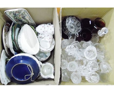 Assorted glassware including wines, sherries, a red flashed glass vase, decanter, assorted plates and a Heathcote China part 