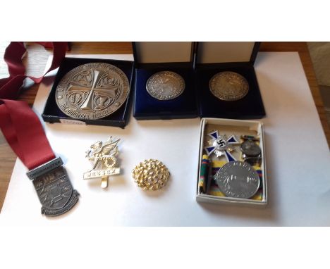 Collection of enamel and other badges to include silver fobs, ERII Cadet Forces medal and miniature, German white metal and e