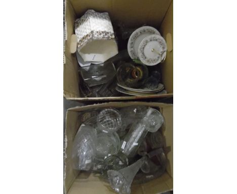 Quantity of assorted glassware including a glass ship in a bottle, various ceramics including a cake plate, etc. (2 boxes) 