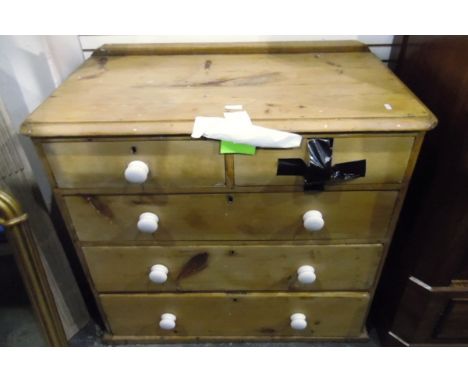 19th century pine chest of two short and three long drawers, with ceramic handles, 95cm wide 
