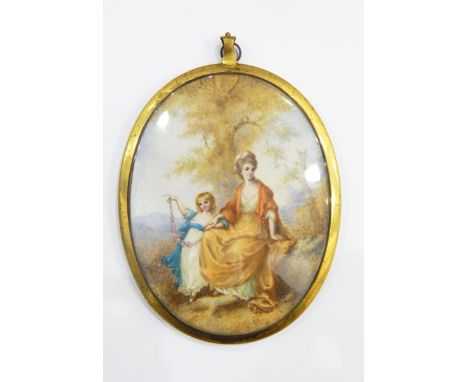 Large 18th/19th century miniature double portrait on ivory, oval, of a Georgian lady and her daughter beneath a tree, both in