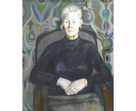 June Campbell (20th century) Oil on canvas Half-length portrait of a lady seated in a chair, with patterned background behind