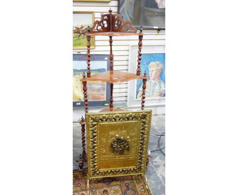 Victorian walnut four-tier corner whatnot with pierced gallery and spiral turned supports, 59cm wide and a fire screen (2) 