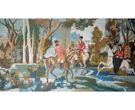 Large framed tapestry showing hunting folk, probably in France as the huntsman is blowing a French hunting horn 
