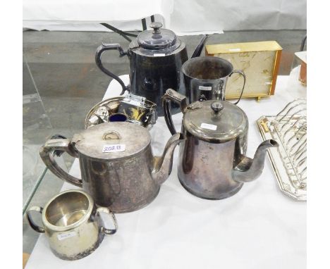 20th century Bentima eight-day mantel clock, a silver plated cup, a teapot and other silver plated items 