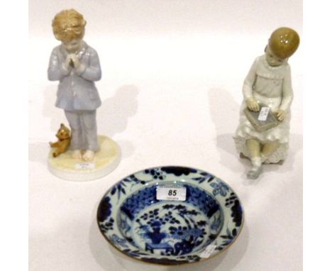 Chinese blue and white dish, 16cm diameter and a Royal Worcester NSPCC commemorative figure 'I Pray' of young boy with teddy 