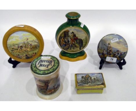 Quantity of sundry pot lids and Prattware pottery to include moonflask, the trooper and highland cattle to reverse, with gree