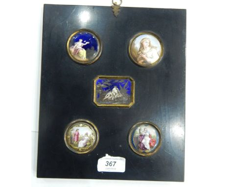 Five late 18th/early 19th century enamel plaques (framed as one), in an ebonised black frame, comprising a central rectangula