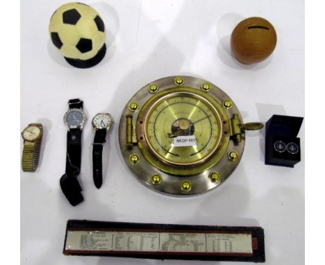 Modern barometer modelled as a porthole, a quantity of football trophies, a collection of tea and cigarette cards, quantity o