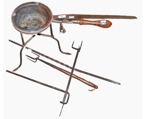 18th century trivet toaster with fruitwood handle, a downhearth skillet and other fireside tools 