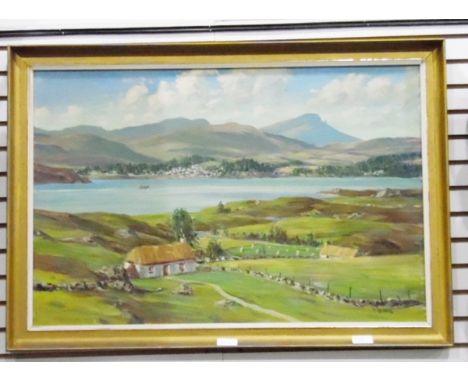 William Russell Oil on canvas board"Portree Bay, Old Man of Storr", 49cm x 75cm 