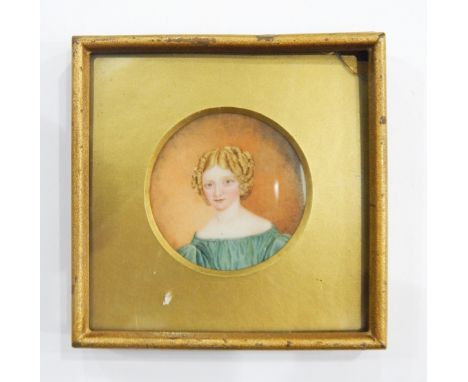 19th century portrait miniature on ivory, head and shoulders  of a young girl with golden curls and green dress, circular, 5.