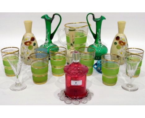 Pair of Victorian green glass jugs, each painted with white enamel lily of the valley (one cracked), a cranberry glass preser
