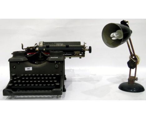 Royal typewriter, a table lamp with wooden adjustable stem and black enamel base and shade and a quantity of artist's equipme