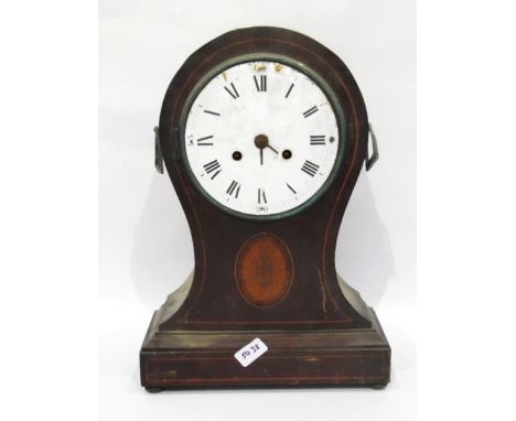 Inlaid mahogany balloon-shaped mantel clock with fan patera below the dial, striking movement (in poor condition) and an ebon