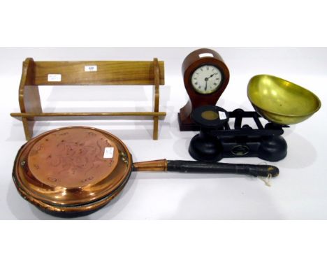 Copper warming pan, a pair of Salter balance scales with brass pan, a walnut mantel clock with inlaid decoration and one othe