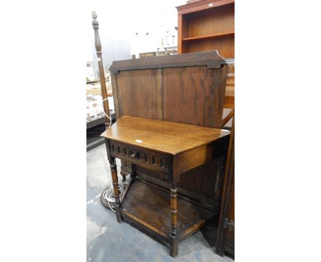 Oak side table of wedge-shape fitted with single drawer and open undertier and an oak standard lamp (2) 