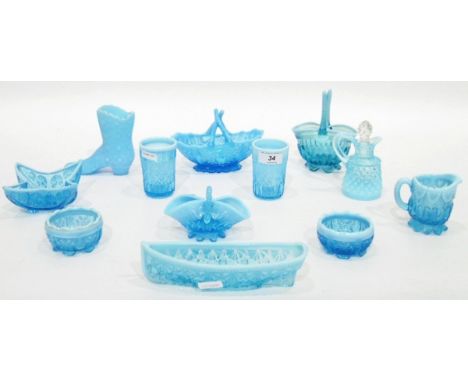 Quantity of Victorian and later blue pressed glass including two circular salts with opalescent rims, a dish of quadrant desi