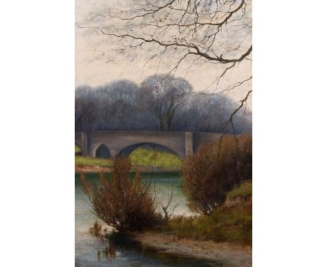 R. Midgley (Early 20th century) 'Near Kirkham', a river landscape with a bridge, oil on canvas, signed and dated 1910, and in