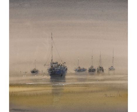J…. Morlaine (b.1953) French. A seascape with moored vessels, mixed media, signed and dated ’80 in pencil, 10.5” x 11”, and t