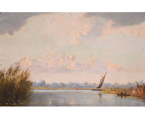 R. J. Steward (20th century) British, A scene of punters and a wherry on the Broads, oil on panel, signed and dated '1925', 6