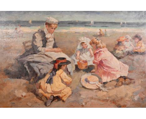 20th century school, Figures playing on a beach with yachts in the distance, oil on canvas, indistinctly signed, 24" x 36".