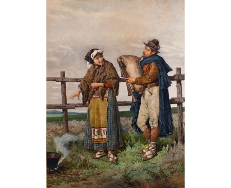 19th Century Continental School, A lady standing by a fire with a man playing a musical instrument. Watercolour, indistinctly