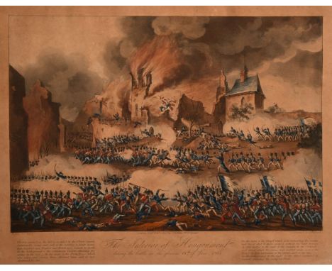 A 19th century print of 'The Interior of Hougoumont', A battle scene, in verre eglomise frame, 11" x 14".