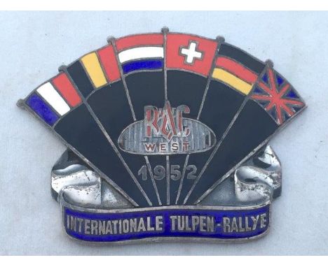 A part enamel badge for the 1952 International Tulpen Rallye, marked to the centre RAC West.