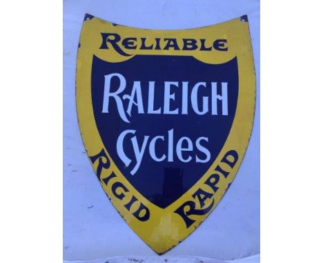A Raleigh Cycles shield shaped double sided enamel sign, in very good condition, 18 x 24".