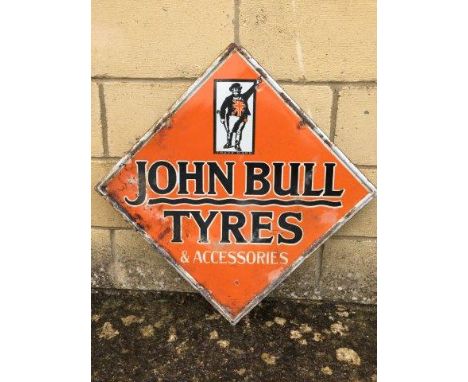 A John Bull Tyres and Accessories lozenge shaped double sided hanging enamel sign, 22 x 22".