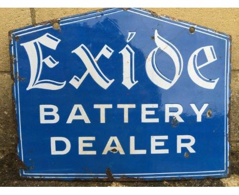 A small Exide Battery Dealer shaped double sided enamel sign, 15 x 12".