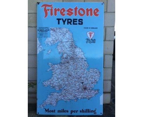 A Firestone Tyres Geographia Main Road Map of England and Wales enamel sign, 28 1/2 x 48 1/2".