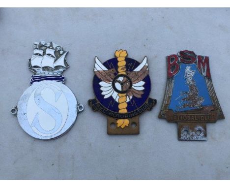 A BBC Motoring Club part enamel car badge, a BSM National Club part enamel car badge and one other marked 'S' surmounted by a