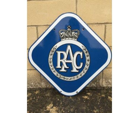 An RAC lozenge shaped double sided hanging enamel sign with central 'badge' emblem, in excellent condition, 22 x 22".