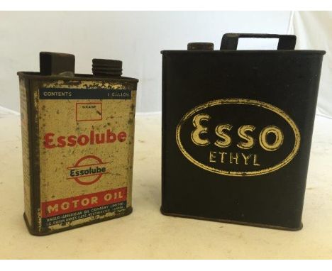An Esso Ethyl pedal car can and an Essolube Motor Oil miniature oil can.