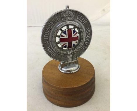 A Royal Automobile Club Associate car badge with Union Jack centre, display base mounted.