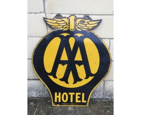 An AA Hotel die-cut double sided enamel sign by Franco, 21 1/2 x 25".
