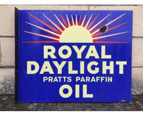 A Royal Daylight Pratts Paraffin Oil double sided enamel sign with hanging flange, with excellent gloss, dated 1933, 22 x 8".