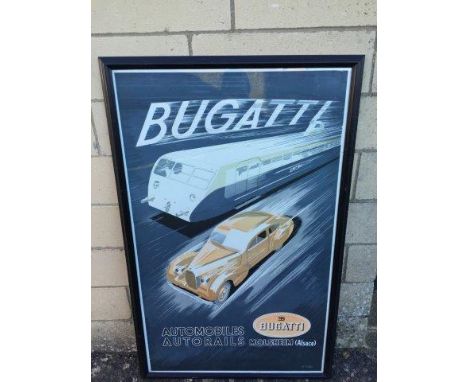 A large framed and glazed reproduction poster advertising Bugatti trains and motor cars, 26 x 41".