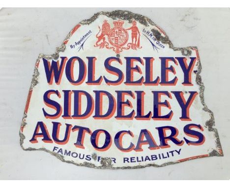 A rare and early Wolseley-Siddeley Auto Cars shaped double sided enamel sign with Royal crest to the pediment, by appointment