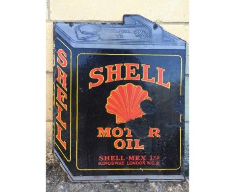 A Shell Motor Oil can-shaped double sided hanging enamel sign, 16 x 20".