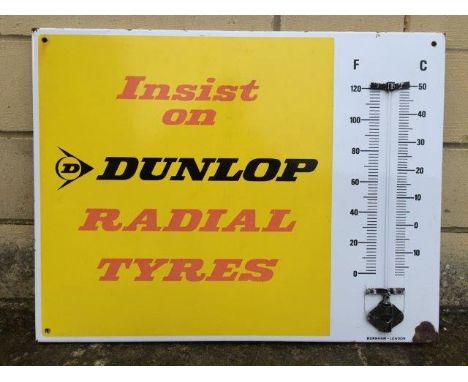A Dunlop Radial Tyres rectangular enamel thermometer by Burnham of London, 26 x 20".