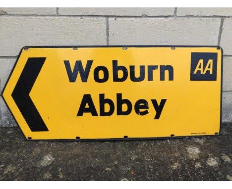 An AA directional enamel road sign by BB Kent Limited pointing left to Woburn Abbey, 36 x 15".