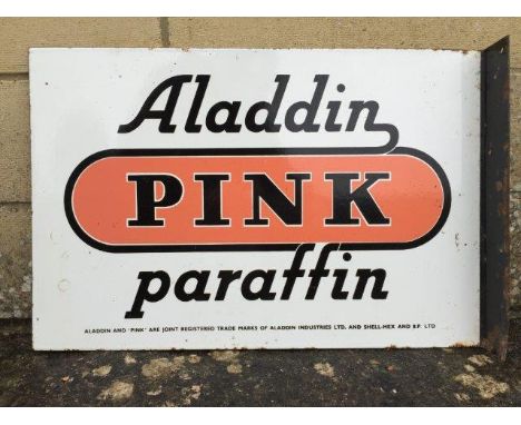 An Aladdin Pink Paraffin double sided enamel sign with hanging flange, in excellent condition, 21 1/2 x 14".