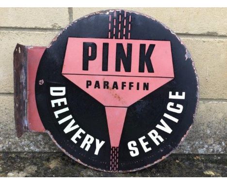 A Pink Paraffin Delivery Service circular double sided enamel sign with hanging flange, 16 x 15". 