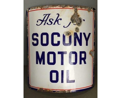 A Socony Motor Oil convex enamel sign, for fixing to the front of a vintage petol pump, 14 x 15".