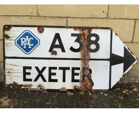 An RAC enamel directional road sign pointing to the A38 Exeter, 36 x 17".